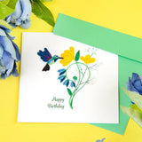 Quilled Birthday Hummingbird Greeting Card featuring a hummingbird, flower, and Happy Birthday message
