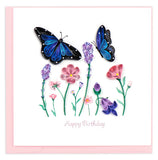 Quilled Blue Butterfly Birthday Greeting Card featuring a blue butterfly with pink and purple flowers