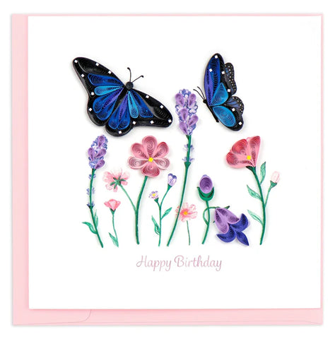 Quilled Blue Butterfly Birthday Greeting Card featuring a blue butterfly with pink and purple flowers