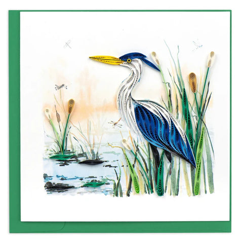 Quilled Blue Heron Greeting Card featuring a majestic blue heron in shades of blue