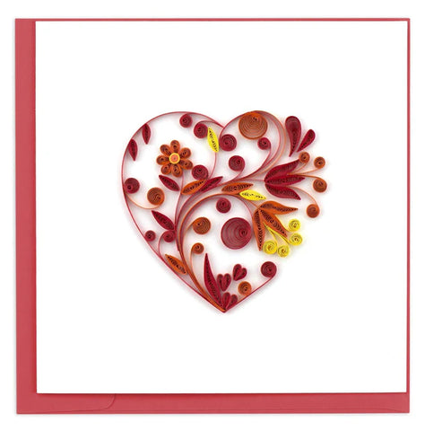 Quilled Heart Greeting Card featuring a large heart with red and pink paper quilling swirls