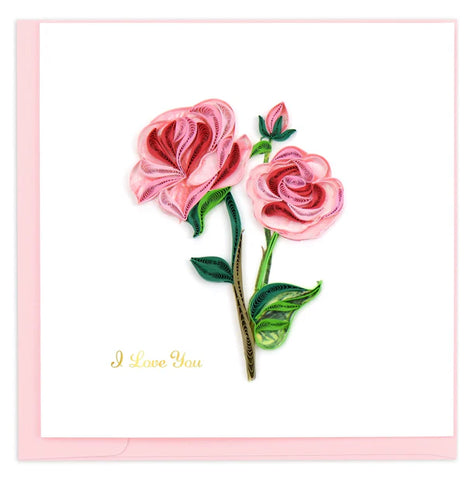 Quilled I Love You Long Stem Pink Roses Greeting Card featuring elegant pink rose paper art