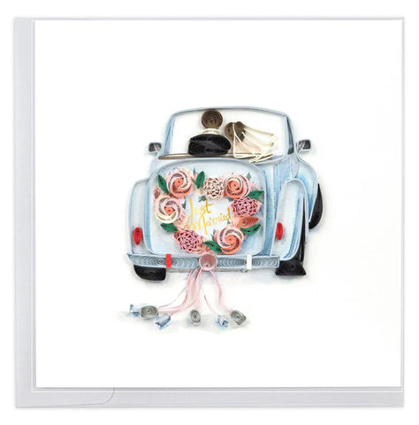 Quilled Just Married Wedding Greeting Card featuring a newlywed couple in a Blue wedding car