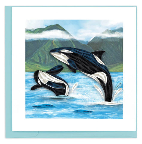 Quilled Orca Greeting Card featuring a handcrafted black and white killer whale design