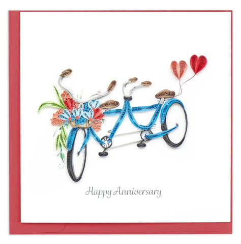 Quilled Tandem Bicycle Anniversary Greeting Card featuring a blue tandem bicycle with flowers and heart balloons