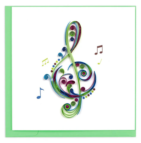 Quilled Treble Clef Greeting Card featuring a colourful rainbow treble clef design