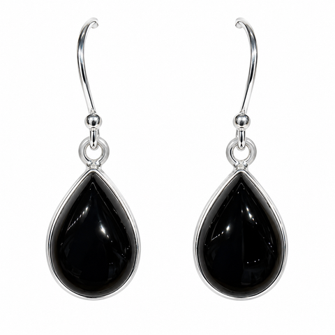 Pair of black onyx sterling silver teardrop earrings with shepherd hooks, SE1143