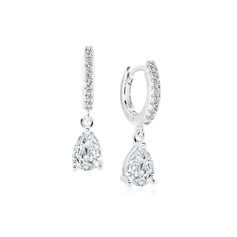 Stainles Steel White-CZ Pear Drop Hoop Dangle Earrings | Italgem Steel - Tricia's Gems