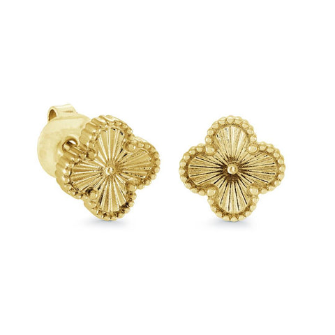 Veloria Lucky Clover 9mm stud earrings in stainless steel Gold Ion Plating featuring a detailed four-leaf clover design with textured accents.