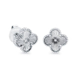 Veloria Lucky Clover 9mm stud earrings in stainless steel featuring a detailed four-leaf clover design with textured accents.