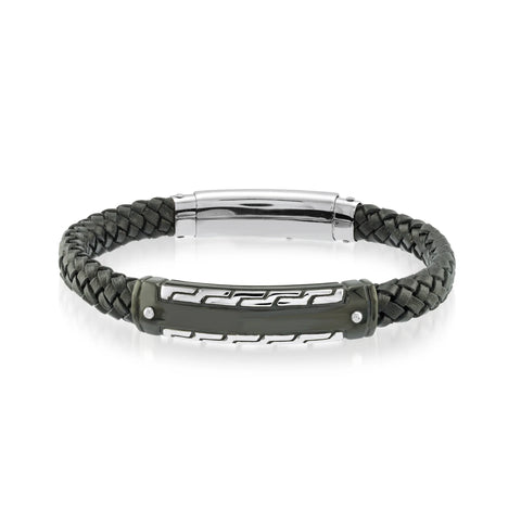 Italgem Steel Deco Texture Black Leather Bracelet with stainless steel clasp.

