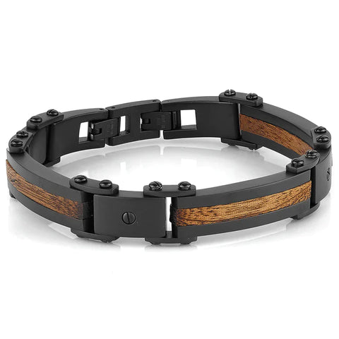 Wood Inlay Matte Finish Black Stainless Steel Bracelet | Italgem Steel - Tricia's Gems