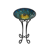 Solar Glass Peacock Feathers Bird Bath With Stand