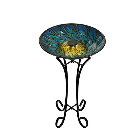 Solar Glass Peacock Feathers Bird Bath With Stand