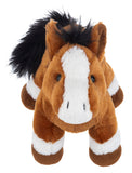 Plush horse toy with brown body, white face, and black mane on a white background