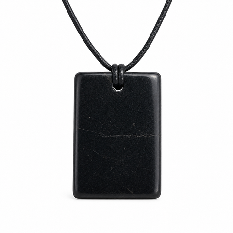 Natural Russian Shungite rectangle pendant on an 18-inch black leather cord