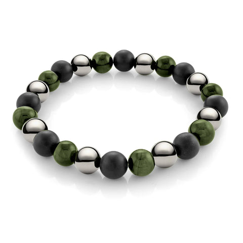 Black Shiny Onyx White Tricanda Bead Bracelet | Italgem Steel - Tricia's Gems