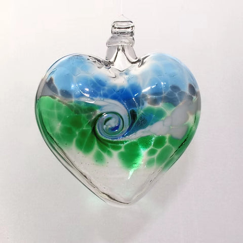 Blue and Green Spiral Heart hand-blown glass ornament by Playful Flame Glassworks