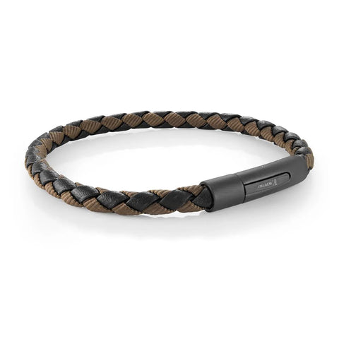 Black-IP Steel Braided Black Leather & Brown Cord Bracelet – 8.2"