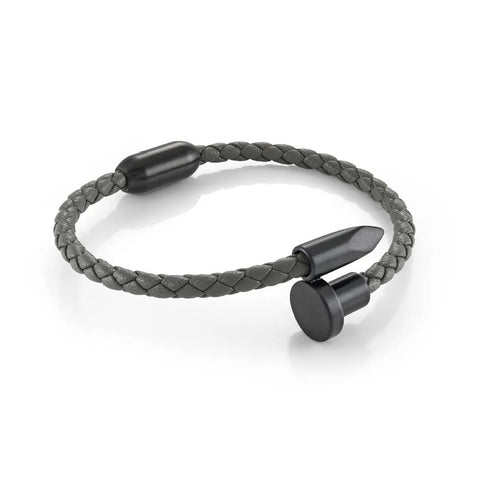 Black-IP Steel & Matte Grey Leather Nail-Accent Bracelet – 8"