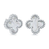 Veloria stainless steel lucky clover stud earrings featuring mother of pearl inlay and a polished 13mm four-leaf clover design.
