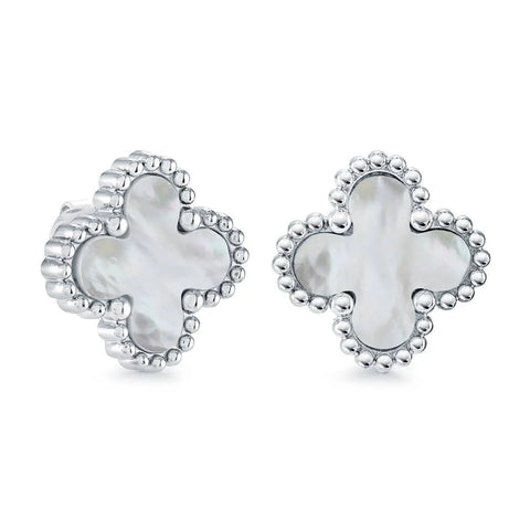 Veloria stainless steel lucky clover stud earrings featuring mother of pearl inlay and a polished 13mm four-leaf clover design.