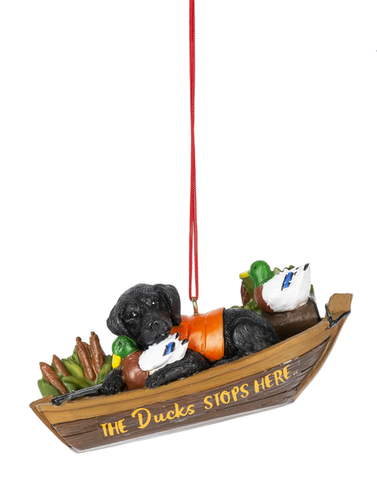 Black Lab w/Boat - The Ducks Stop Here Oranament - Tricia's Gems