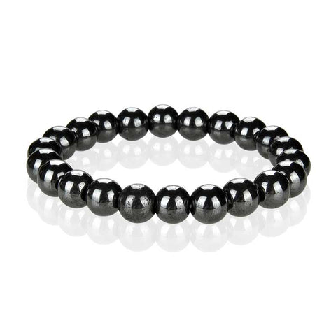 Polished hematite stretch bracelet with round metallic grey gemstone beads
