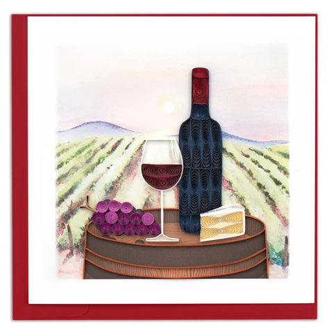 Quilled Vineyard greeting card with wine barrel, wine bottle, grapes, cheese, and vineyard scene