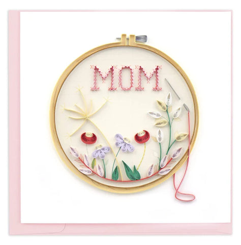 Quilled Mom Cross Stitch greeting card with floral paper quilling design and MOM embroidery hoop