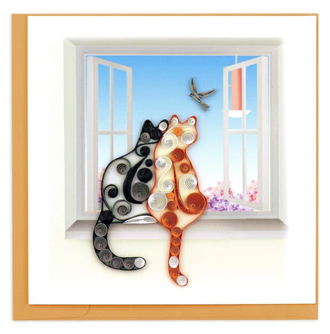 Quilled Cats in Window greeting card with black cat, orange cat, and bird paper quilling design