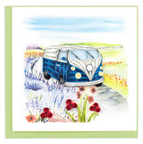 Quilled Road Trip Adventure greeting card with vintage van driving through colourful flower fields