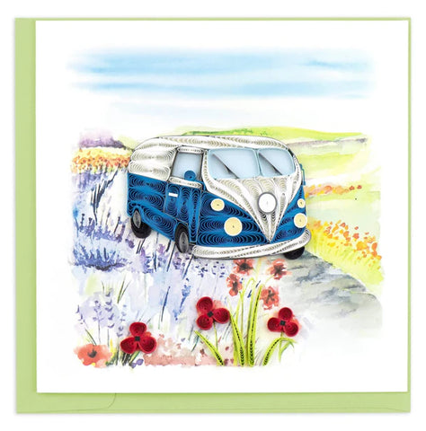 Quilled Road Trip Adventure greeting card with vintage van driving through colourful flower fields
