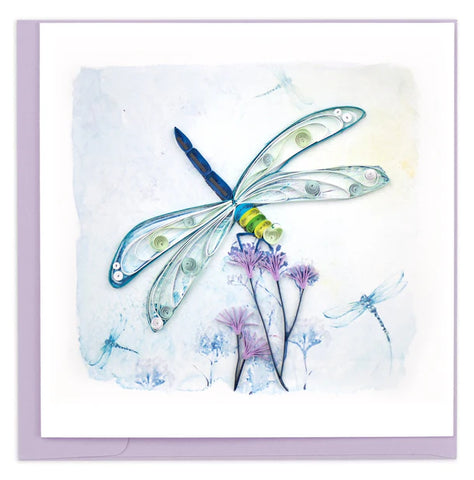 Quilled Emperor Dragonfly greeting card with blue and green dragonfly perched on purple flowers

