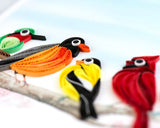 Quilled Songbird greeting card with cardinal, hummingbird, and colourful birds on a branch