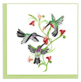 Quilled Hummingbird Trio greeting card with three hummingbirds and flowering vine paper quilling design