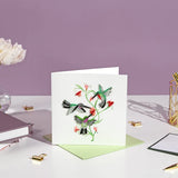 Quilled Hummingbird Trio greeting card with three hummingbirds and flowering vine paper quilling design
