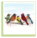 Quilled Songbird greeting card with cardinal, hummingbird, and colourful birds on a branch