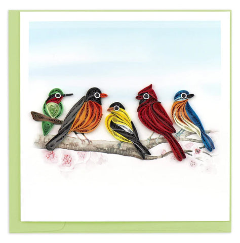 Quilled Songbird greeting card with cardinal, hummingbird, and colourful birds on a branch