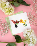 Quilled Hummingbird and Yellow Flower greeting card with hummingbird sipping nectar from a yellow flower
