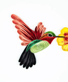 Quilled Hummingbird and Yellow Flower greeting card with hummingbird sipping nectar from a yellow flower