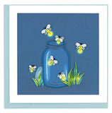 Quilled Fireflies greeting card with mason jar and glowing fireflies paper quilling design
