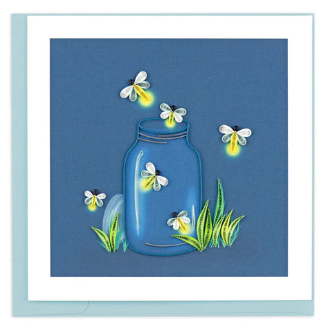 Quilled Fireflies greeting card with mason jar and glowing fireflies paper quilling design