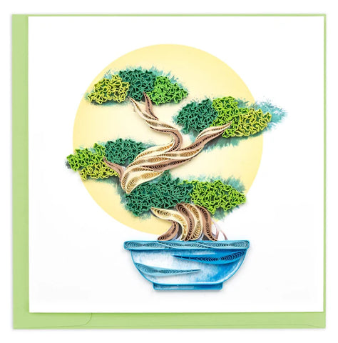 Quilled Bonsai Tree greeting card with green bonsai tree in blue pot and sunlit background