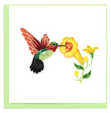 Quilled Hummingbird and Yellow Flower greeting card with hummingbird sipping nectar from a yellow flower