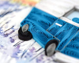 Quilled Road Trip Adventure greeting card with vintage van driving through colourful flower fields