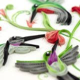 Quilled Hummingbird Trio greeting card with three hummingbirds and flowering vine paper quilling design