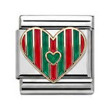 Red & Green Striped Heart stainless steel Italian charm