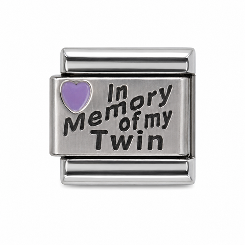 In Memory of My Twin purple heart stainless steel Italian charm