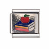 Books & Apple stainless steel enamel Italian charm